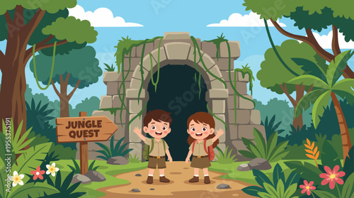 Two enthusiastic children adeptly wave from the entrance of an ancient cave in a lush jungle setting, filled with greenery and adventurous excitement in the air.