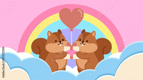 Two cute squirrels exchange a heart-shaped gift under a rainbow, symbolizing friendship and love in a colorful, whimsical setting filled with clouds and positivity.