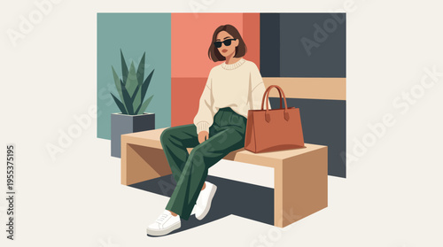 A fashionable woman sitting gracefully on a bench, wearing trendy attire and sunglasses, captivatingly presenting her designer handbag in a modern urban setting.