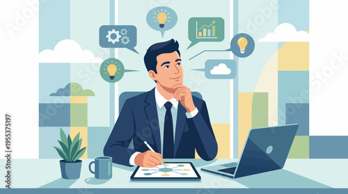 A thoughtful businessman sits at his modern office desk, contemplating new ideas while surrounded by technology, greenery, and inspiration in a bright, creative environment.