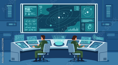 Two scientists focus on advanced technology in a futuristic control center, analyzing data about space while immersed in high-tech equipment and digital screens.