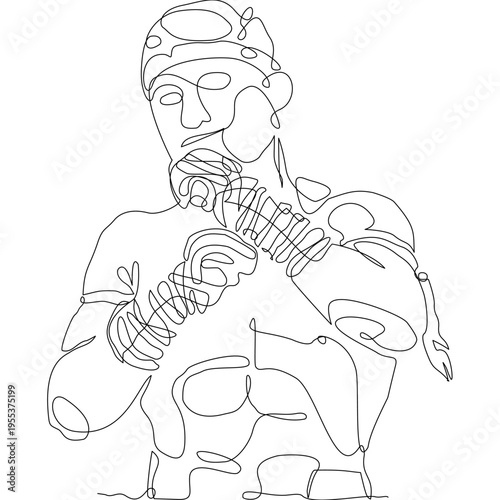 Continuous line drawing of Muay Thai fighters in action pose, showing kick and defense. Minimal vector style ideal for prints, textiles, posters, and modern sports design.