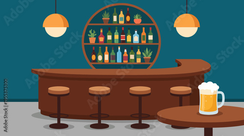 A modern bar scene featuring an inviting counter, a variety of colorful drinks beautifully arranged on a shelf, perfect for social gatherings and celebrations.
