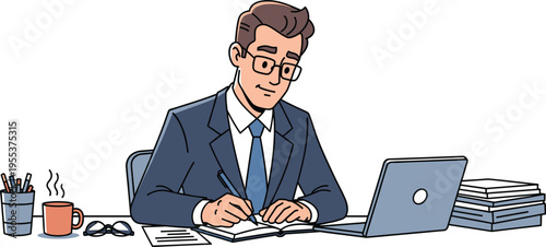 Businessman writing in notebook, office desk setup, laptop, coffee cup, productivity workspace, professional working, focused employee, corporate environment