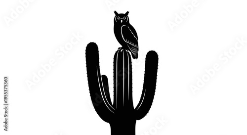 Owl Sitting on Cactus Silhouette.