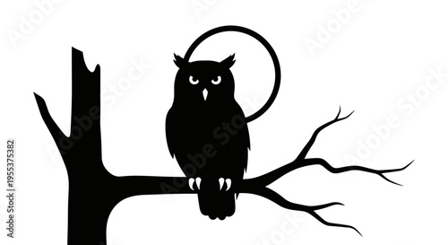 Owl Sitting on Tree Branch.