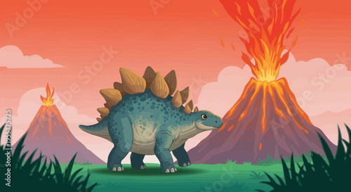 Stegosaurus Dinosaur in Prehistoric Landscape with Erupting Volcanoes