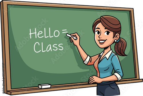 Female teacher writing on classroom chalkboard, smiling educator teaching students, back to school concept, education learning illustration, teacher with blackboard.