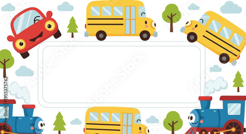 Cute Cartoon Transportation Border Frame with Vehicles