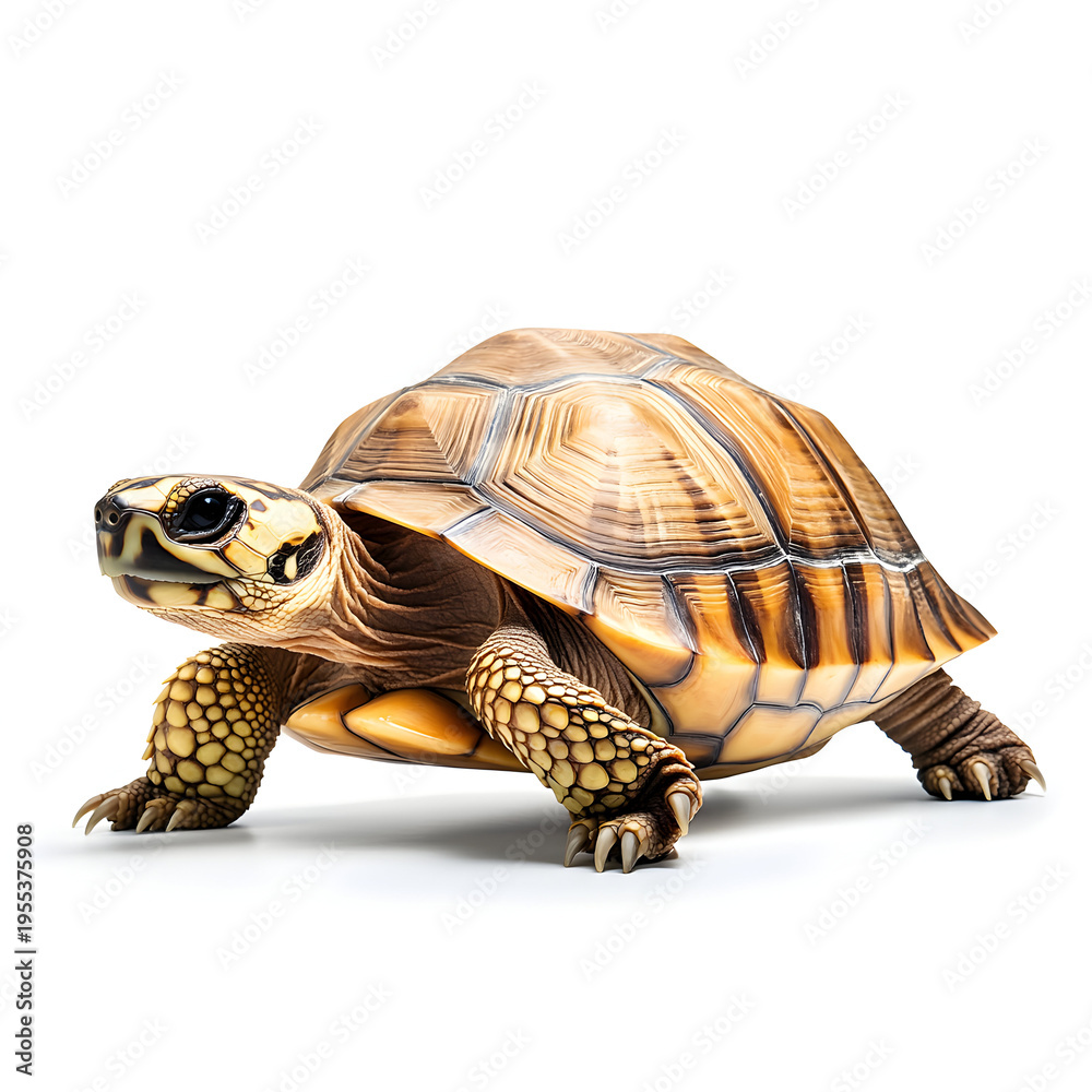Obraz premium Beautiful tortoise with a patterned shell standing isolated on a white background