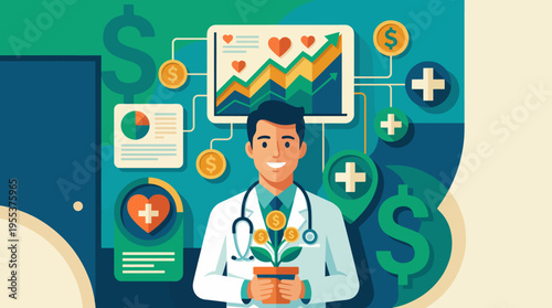A healthcare professional holding a potted plant symbolizes growth and prosperity, combining healthcare with business strategy in a visually engaging, modern design.
