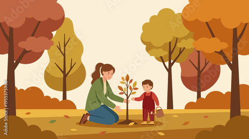A mother and her young child are joyfully planting a small tree, symbolizing nurturing growth and environmental care in a vibrant fall landscape with colorful trees.