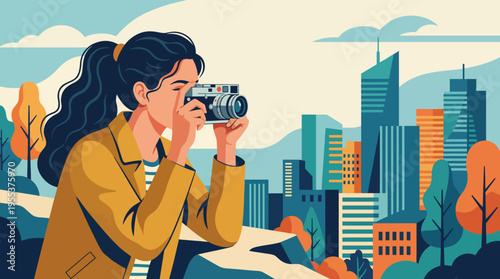 A passionate traveler photographs a vibrant city skyline, capturing the essence of exploration, creativity, and adventure in an urban environment filled with life.