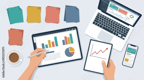 Aerial view of a modern workspace featuring a laptop, tablet, and smartphone with analytics graphs and charts, showcasing productivity and data analysis in a sleek environment.
