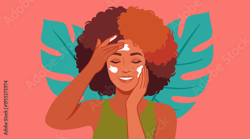 A cheerful woman is applying skincare cream on her face in a vibrant setting, highlighting self-care and beauty practices that promote glowing skin and personal happiness.