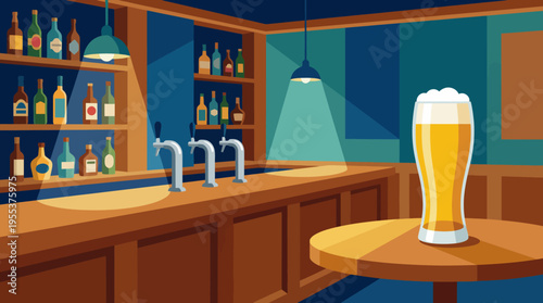 A warm and inviting bar scene featuring a half-filled glass of beer prominently displayed on a wooden table, creating a cozy atmosphere ideal for relaxation and socializing.