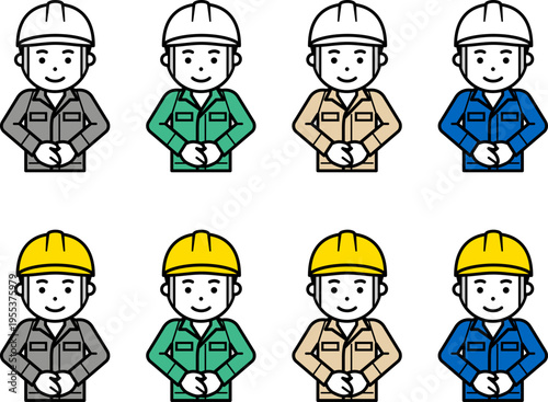 手を前で重ねるヘルメットと作業服を着用した男性のアイコン。その2