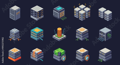 Isometric Pixel Art Server and Data Center Icon Set