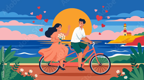A romantic scene depicting a happy couple riding a bicycle along the shoreline, surrounded by love and nature, during a beautiful sunset by the ocean.