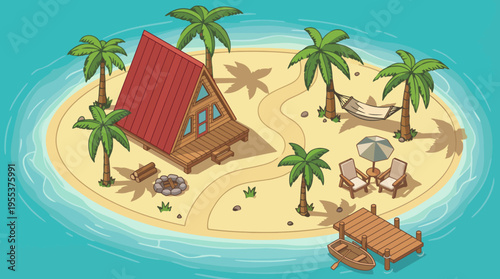 An inviting graphic of a cozy cabin on a charming island retreat surrounded by lush palms and clear waters, capturing the essence of relaxation and ideal vacation living.
