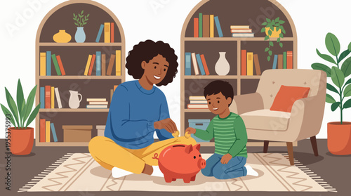 A heartwarming scene of a mother and her son happily saving money together using a piggy bank, illustrating financial education and family bonding in a cozy home environment.
