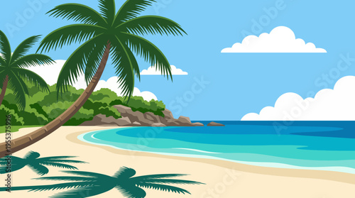 A picturesque tropical beach scene featuring serene blue waters, soft white sand, and swaying palm trees under a bright sky, evoking feelings of relaxation and tranquility.