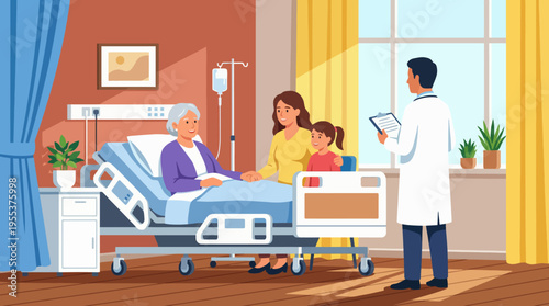 A compassionate family scene where a mother and child visit their grandmother in a hospital room, reflecting love, care, and support during health challenges.