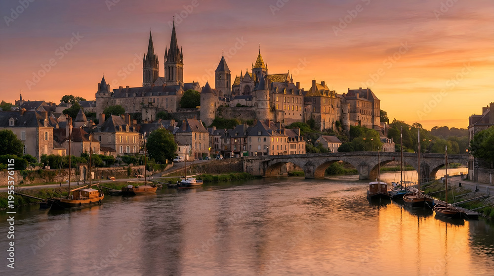 Fototapeta premium Historic European River Town at Sunset with Cathedral and Bridge