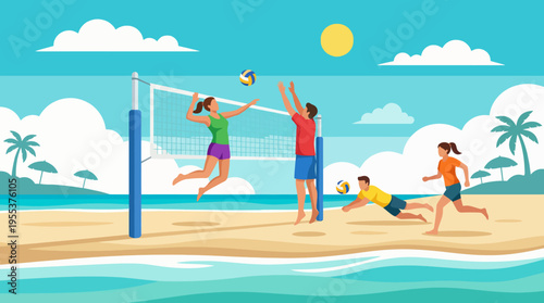 A lively beach scene where friends enjoy a game of volleyball, showcasing their athleticism and camaraderie against a beautiful sunlit backdrop of the ocean and palm trees.