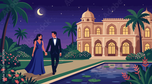 A romantic scene features a couple walking hand in hand under a moonlit sky, creating an atmosphere of elegance and intimacy in a beautifully designed outdoor setting.