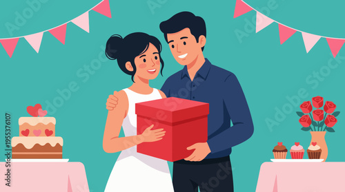 A joyful couple stands together, celebrating a special occasion with a gift amidst a colorful setting filled with decorations, cakes, and flowers, creating a warm atmosphere.