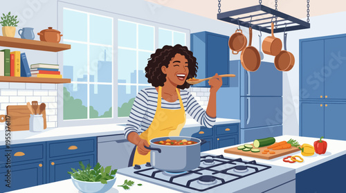 A cheerful woman happily cooks in her bright kitchen, surrounded by fresh vegetables and ingredients, encapsulating the joy of home cooking and culinary creativity.
