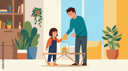 A loving father and his child happily save money together in a jar, illustrating the importance of financial literacy and sharing valuable lessons about saving for the future.