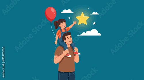 A joyful child on a father's shoulders holds a red balloon while reaching for a shining star, symbolizing family bonding and the joy of childhood imagination.