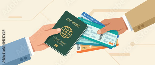 Two hands exchange a passport and flight tickets, representing the journey of travel and the excitement of departure, preparing for an adventure or vacation.