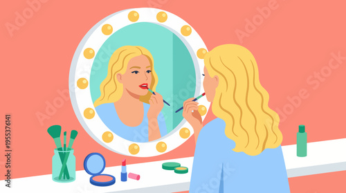 A woman puts on lipstick while gazing into a vanity mirror, highlighting themes of personal beauty, self-expression, and the daily rituals of makeup application.