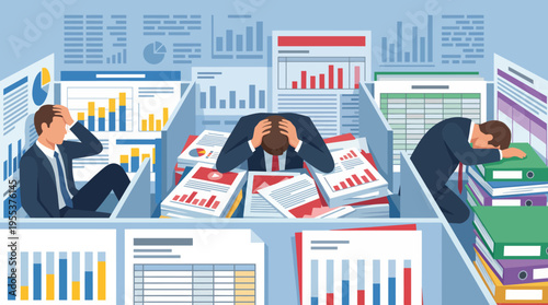 Three stressed office workers surrounded by mountains of paperwork, illustrating the challenges of corporate life, stress, and the overwhelming nature of data management.