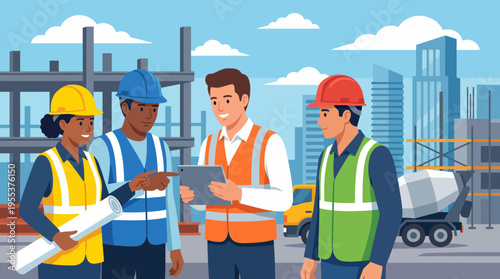 A diverse construction team discusses blueprints and strategies with a tablet, embodying teamwork and innovation in the building sector at a construction site.