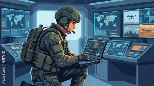A soldier in tactical gear operates technology in a high-tech control room, symbolizing warfare, strategic planning, and the role of technology in modern defense operations.