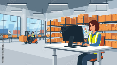 A modern warehouse scene featuring a woman at a desk managing operations, while a forklift operates nearby, illustrating efficiency in logistics and inventory management.