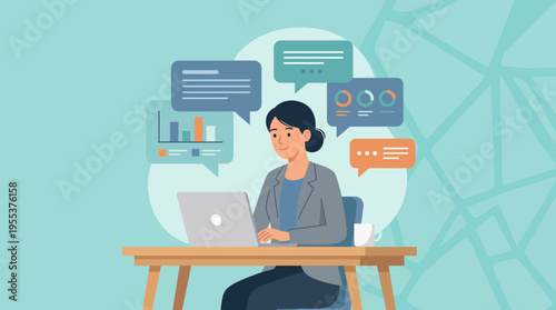 A focused businesswoman sits at her desk analyzing data, illustrated with conversation bubbles, showcasing the importance of communication and analysis in professional success.