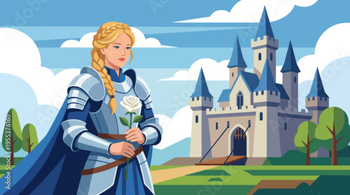 A brave knight holding a rose stands before an enchanting castle, symbolizing valor, beauty, and the timeless allure of medieval tales and romantic narratives.