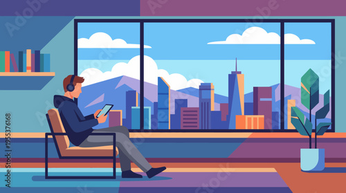 A person relaxes in a modern living space, using a tablet while enjoying a scenic view of a vibrant city skyline under a bright sky with mountains in the background.
