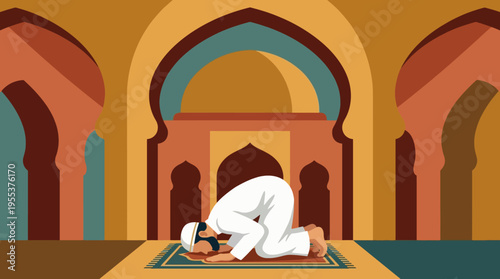 A man in traditional attire is shown praying on a prayer mat within a beautifully designed mosque, showcasing the elegance of Islamic architecture and faith.