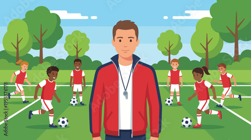 A coach stands confidently on a soccer field, guiding a group of young players, promoting teamwork and sportsmanship in a vibrant outdoor environment filled with trees.