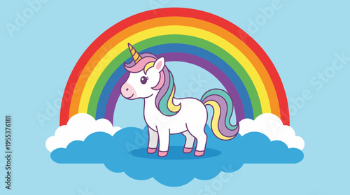 A whimsical unicorn stands joyfully beneath a colorful rainbow and fluffy clouds, capturing the essence of fantasy and childlike imagination in a delightful setting.