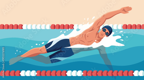 A male swimmer is depicted swimming in a competitive setting, showcasing athleticism and determination in the water of a well-maintained indoor swimming pool.