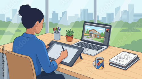 A talented architect sits at a desk using a digital tablet to create a detailed illustration of a modern home, surrounded by tools and a laptop displaying architectural designs.
