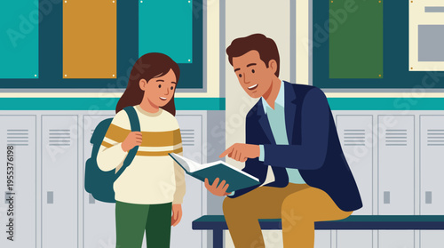 A teacher engages positively with a student in a school setting, showcasing mentorship, learning, and educational support in a bright and inviting environment.