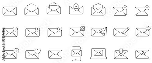 Email Web Icon Set in Line Style. Collection of E-mail and Letter Linear Icons, Including mail, envelope, email, postal, letter sent, inbox, new mail,